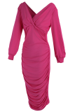 Fuchsia Sexy Solid Hollowed Out V Neck Pencil Skirt Dresses