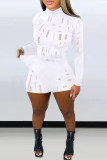 White Fashion Sexy Solid Ripped Half A Turtleneck Long Sleeve Two Pieces