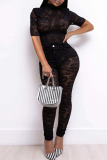 Black Sexy Solid Patchwork See-through Half A Turtleneck Short Sleeve Two Pieces