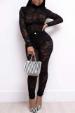 Black Sexy Turtleneck Perspective Lace Two-Piece Set