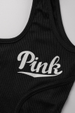 Pink Fashion Sportswear Letter Print Basic U Neck Skinny Romper