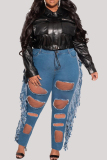 Light Blue Fashion Casual Solid Tassel Ripped Plus Size Jeans (Without Belt)