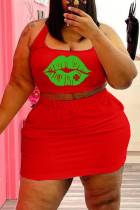 Red Sexy Casual Lips Printed Backless U Neck Plus Size Two Pieces