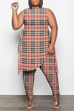 Grey Casual Plaid Patchwork O Neck Plus Size Two Pieces