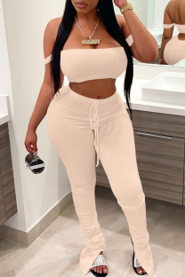 Cream White Fashion Sexy Solid Backless Strapless Sleeveless Two Pieces