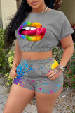 Black Fashion Casual Lips Printed Basic O Neck Short Sleeve Two Pieces