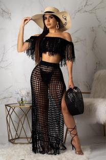 Black Sexy Fashion Off The Shoulder Short Sleeves One word collar Straight Ankle-Length asymmetr