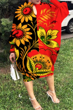 Green Fashion Casual Print Hollowed Out O Neck Long Sleeve Dresses