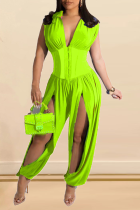 Green Sexy Solid Split Joint V Neck Harlan Jumpsuits