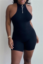 Black Sexy Casual Solid Backless Halter Sleeveless Skinny Romper