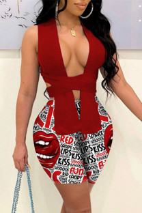Red Fashion Sexy Print Bandage Sleeveless Two Pieces