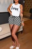White Casual Plaid Patchwork O Neck Plus Size Two Pieces