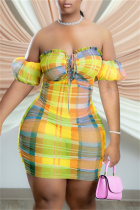 Yellow Fashion Sexy Print Backless Off the Shoulder Strapless Dress