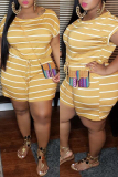 Yellow Fashion Casual Striped Print Basic O Neck Plus Size Jumpsuits