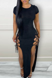 Black Sexy Solid Patchwork Slit O Neck Straight Dresses