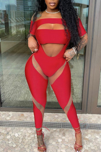 Red Sexy Solid Hollowed Out Split Joint Asymmetrical Off the Shoulder Regular Jumpsuits