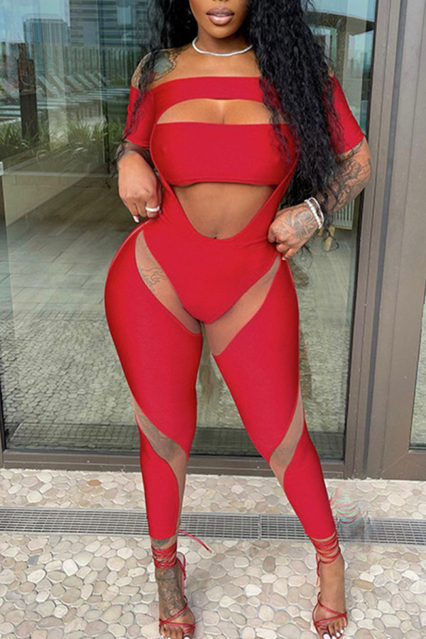 Red Sexy Solid Hollowed Out Patchwork Asymmetrical Off the Shoulder Regular Jumpsuits