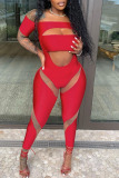 Red Sexy Solid Hollowed Out Patchwork Asymmetrical Off the Shoulder Regular Jumpsuits