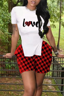Red Casual Print Patchwork Slit O Neck Short Sleeve Two Pieces