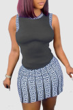 Grey Casual Print Patchwork O Neck Sleeveless Two Pieces