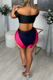 Black Fashion Sexy Solid Hollowed Out Patchwork Backless Off the Shoulder Short Sleeve Two Pieces