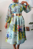 Green Fashion Casual Print With Belt Turtleneck Long Sleeve Dresses