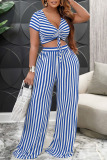 Blue Sexy Striped Print Bandage Split Joint V Neck Short Sleeve Two Pieces