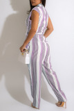 Purple Casual Striped Print Split Joint Buckle With Belt Straight Jumpsuits