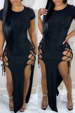 Black Fashion Sexy Solid Bandage Hollowed Out Slit O Neck Short Sleeve Dress