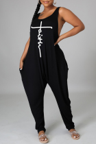 Black Fashion Casual Print Backless O Neck Regular Jumpsuits