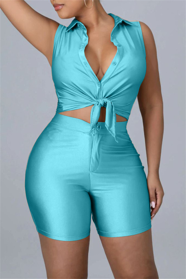 Blue Fashion Casual Solid Basic Turndown Collar Sleeveless Two Pieces