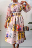 Apricot Fashion Casual Print With Belt Turtleneck Long Sleeve Dresses
