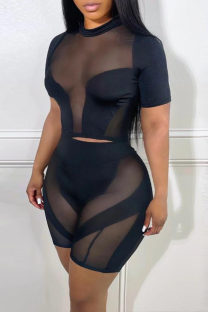 Black Sexy Solid Mesh O Neck Short Sleeve Two Pieces