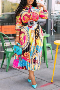 Colour Elegant Print Bandage Patchwork Fold O Neck A Line Dresses(No Belt)