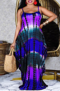 Purple Fashion Sexy Print Tie Dye Backless Spaghetti Strap Long Dress Plus Size Dresses