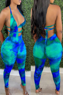 Blue Sexy Print Bandage Hollowed Out Split Joint Backless Asymmetrical Halter Regular Jumpsuits