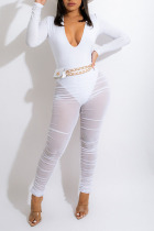 White Sexy Solid Split Joint See-through Fold V Neck Long Sleeve Two Pieces
