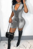 Silver Gray Casual Solid Patchwork Zipper Collar Regular Rompers