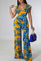 Yellow Sexy Print Split Joint Backless V Neck Straight Jumpsuits