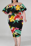 Tangerine Red Fashion Casual Plus Size Print Patchwork Off the Shoulder Short Sleeve Dress