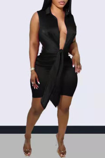 Black Fashion Sexy Casual Solid Frenulum V Neck Vest Dress Dresses