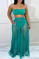 Green Sexy Solid Mesh Strapless Sleeveless Two Pieces
