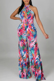 Colour Sexy Print Hollowed Out Split Joint Backless Halter Straight Jumpsuits