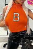 Orange Fashion Casual Letter Embroidered Turtleneck Tops