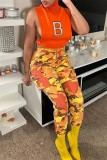 Orange Fashion Casual Letter Embroidered Turtleneck Tops