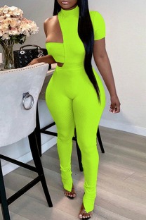 Fluorescent Green Fashion Sexy Solid Asymmetrical Turtleneck Short Sleeve Two Pieces