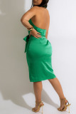 Green Elegant Solid Split Joint Buckle Turndown Collar Straight Dresses