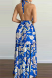 Blue Sexy Print Split Joint Backless Halter Straight Dresses