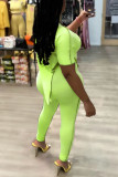 Fluorescent Green Fashion Casual Print Asymmetrical O Neck Short Sleeve Two Pieces