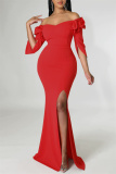 Red Fashion Sexy Solid Split Joint Slit Off the Shoulder Evening Dress